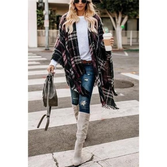 Women's Boho Open Front Poncho Knitted Plaid Shawl Wrap Cape Tassel Cardigan - Picture 5 of 7